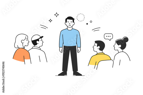 Non-verbal authority. A calm leader standing confidently with arms relaxed, while others subtly orient their bodies toward them. Quiet