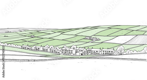 Scenic countryside landscape with rolling hills and farmhouses in line art style