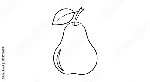 Single pear fruit with a small leaf attached to its stem is shown in a clean minimalist black and white drawing for food-related art.