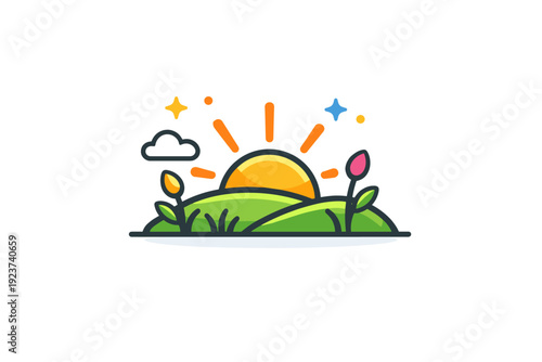 Spring new beginnings gentle sunrise over minimal landscape with grass and buds, conveying calm confidence and the promise of growth. Minimalist flat vector