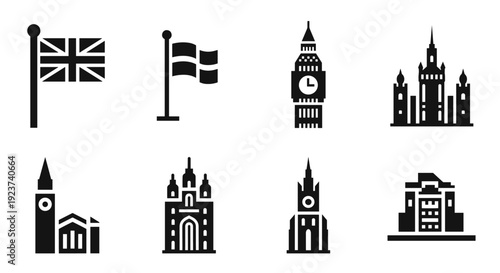 Silhouette icons of london landmarks featuring big ben and iconic flags