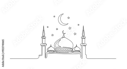 Beautiful mosque illustration with crescent moon and stars at night