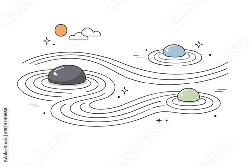 Zen inspired nature scenes. Raked sand garden pattern with smooth curves and stones, forming a quiet abstract rhythm. Scene evokes meditation, order, and