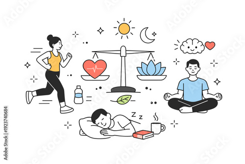 Healthy lifestyle promotion. A warm editorial scene emphasizing balance between activity, rest, and mental health. Simple characters and