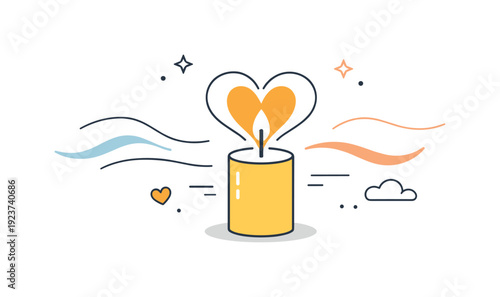 Lit candle with heart flame and abstract elements symbolizing hope and peace