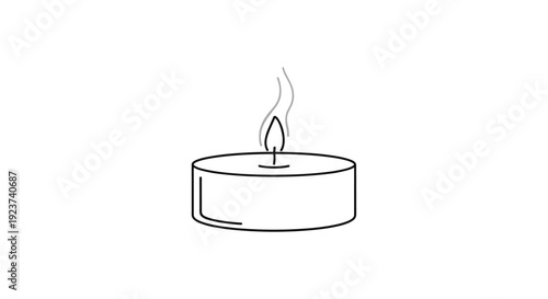 Small lit tea light candle in a metal holder releases a thin wisp of smoke into the air in a simple and clean line art illustration.