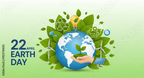 Earth day illustration with globe hand holding leaf light bulb solar panel and green leaves on gradient background
