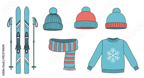 Winter sports equipment set includes bright blue skis, poles, warm beanies, a striped scarf, and a cozy sweater with a snowflake design.