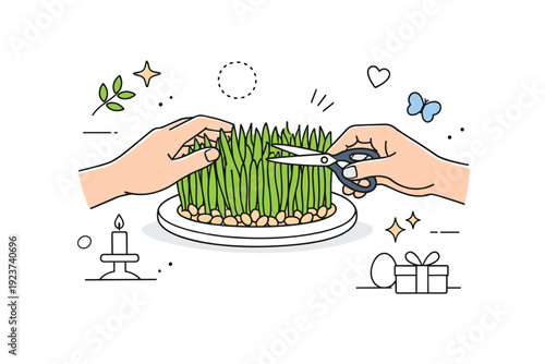 Nowruz sprouts growing process. Hands gently trimming or adjusting the sprouts to keep them neat and even. Careful interaction and mindful preparation for the