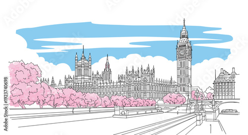Traditional london cityscape with big ben and spring blossoms in linear art