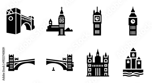 Icon set of famous london landmarks in black and white silhouette style