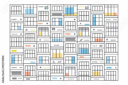 Urban skyscraper pattern. A repeating grid of windows and structural lines forming a rhythmic facade pattern, expressing architecture and