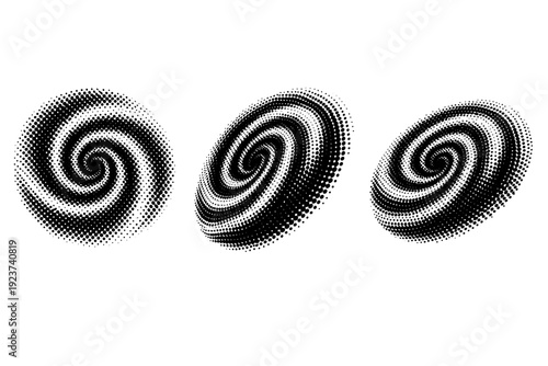 Halftone spiral swirl texture represented as one standalone backdrop object shown in straight-on view, rotated view, and three-quarter perspective