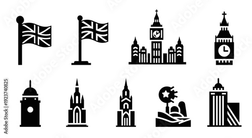 Icon set of british landmarks and flag in silhouette style