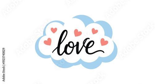 Stylized handwritten word love centered inside a soft blue and white cloud decorated with small floating pink hearts.