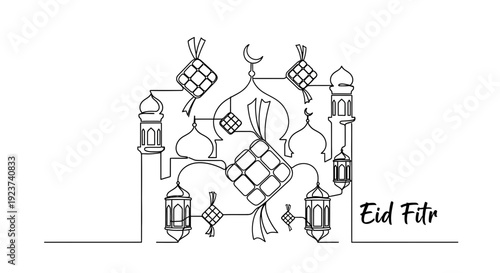 Eid Fitr celebration with traditional lanterns and mosque architecture