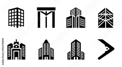 Stylish black and white building icons set featuring modern geometric architecture designs