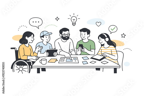 Group usability workshop. Mixed-ability participants sitting around a table, sharing thoughts and interacting with prototypes, soft abstract