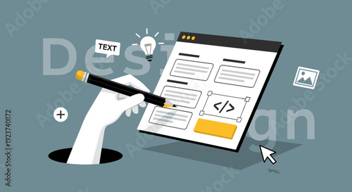 Website Design Mockup Process: A Creative Hand Emerges to Develop Digital Interfaces and User Experience with Templates and Coding for Modern Web Applications