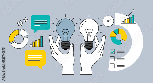 Innovative Business Strategy: Hands Holding Lightbulbs with Data Visualization, Charts, and Graphs for Strategic Planning and Creative Problem Solving in a Modern Workplace