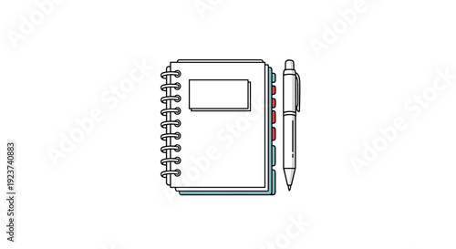 Top view of a white spiral notebook with a matching silver and white pen placed neatly beside it for office work.