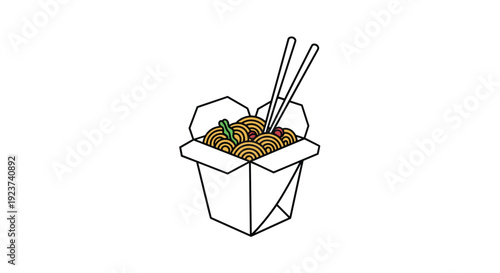 Classic white cardboard takeout box filled with delicious noodles and a pair of white chopsticks sticking out.