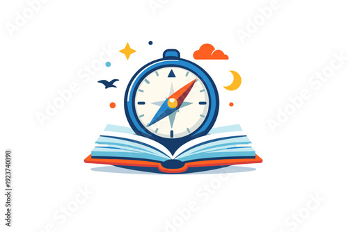Literary journey symbolic scene with a compass emerging from an open book, representing guidance, imagination, and meaningful knowledge