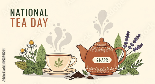 National tea day celebration with tea pot cup herbs and flowers on a beige background