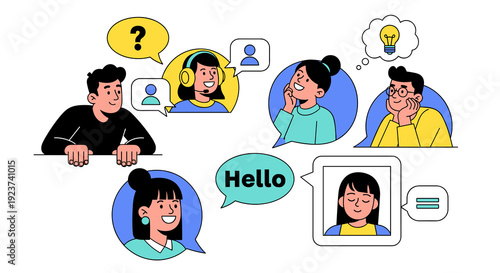 Diverse Team Collaboration: Vector Illustration of Online Communication, Problem Solving, and Creative Solutions in a Modern Business Setting, Showcasing Teamwork and Virtual Meetings