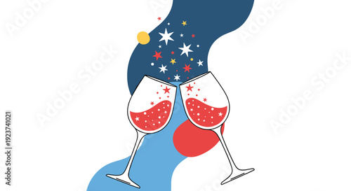 Two wine glasses clink together in a celebratory toast surrounded by sparkling stars and colorful abstract shapes.