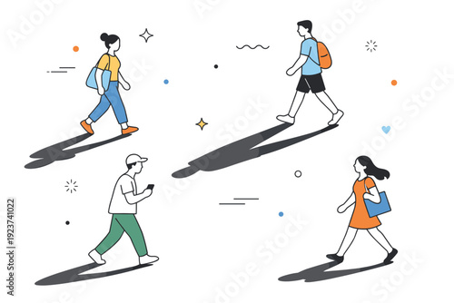 Passing shadows in public space. Elongated human shadows stretching across the ground as people walk by. Fleeting movement and everyday