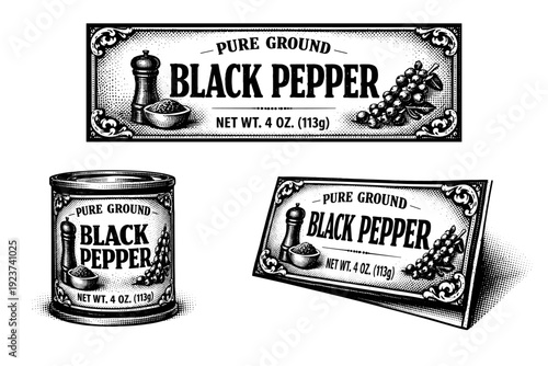 Vintage-style spice label layout shown as a single object presented in three views: flat label view, applied cylindrical view, and angled perspective view