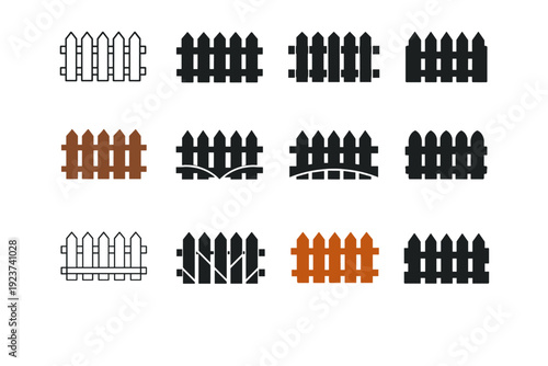 Wooden Fence. Icon set. Set Logo of Wooden Fence: Classic picket fence. harmonious logo variations of the same emblematic concept (Minimal