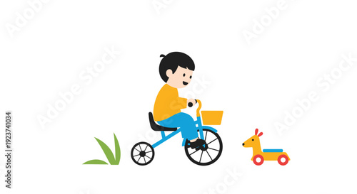 Young boy rides his bright blue tricycle outdoors with a small yellow toy horse rolling along beside him on the grassy lawn.