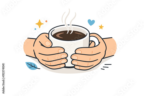 Cozy Coffee Moment. Small pleasures close-ups. A close-up of hands holding a warm cup of coffee, gentle steam rising softly. Intimate everyday moment focused