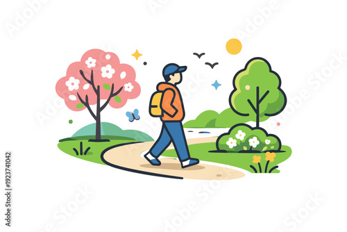 Spring park walk a person strolling along a quiet park path lined with fresh trees and early blossoms, capturing a calm moment of relaxation