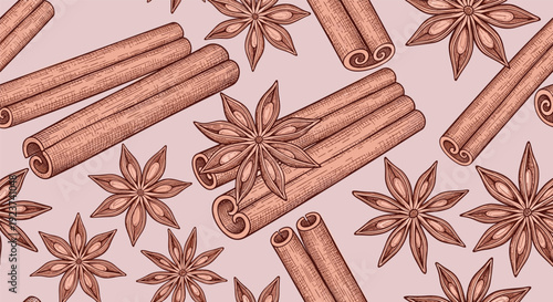 Seamless pattern featuring detailed drawings of cinnamon sticks and star anise pods on a soft pink background.