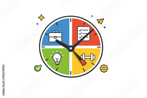 Organized Time Management. Time management a clear visual metaphor with a clock divided into organized segments and simple task icons, representing structure,