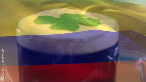 Tricolor band sweeping across frame, camera shifting focus, revealing foam, shamrock, showing mug