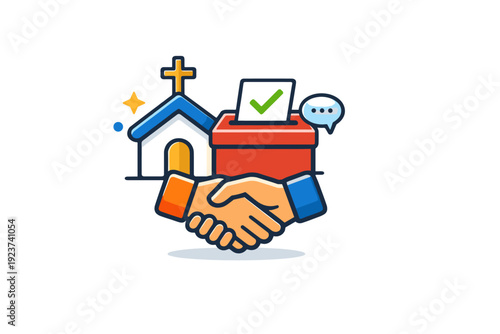 The relationship between Christianity and politics simplified icons of church, ballot box and handshake combined, reflecting negotiation, societal dialogue and