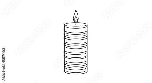 Single decorative candle with horizontal stripes features a small burning flame on its wick in a clean and minimalist line art style.