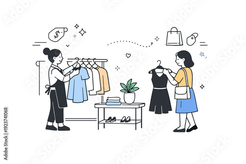 Boutique store management. A small business owner arranging clothes on racks while a customer browses, subtle price tag and shopping bag icons floating, calm