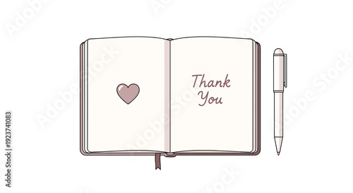 An open notebook features Thank You on one page and a heart on the other with a pen resting nearby on a white background, Generative AI.