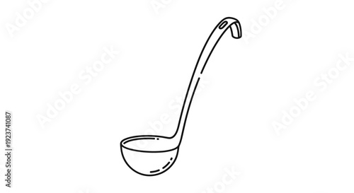 Simple kitchen ladle for serving soup or sauce is shown in a clean black and white line art vector illustration for culinary themes.