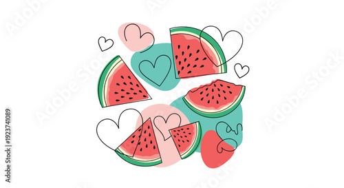 Sweet watermelon slices are mixed with colorful abstract hearts and organic shapes to create a fun and vibrant summer-themed design.