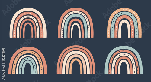 Collection of six stylized boho rainbows in muted earthy tones is presented against a dark blue background for modern nursery decor.