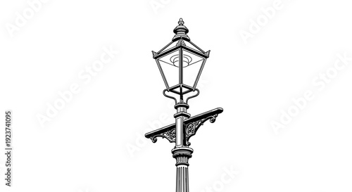Elegant vintage street lamp in black and white artwork on white background