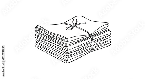Stack of folded newspapers or clean linens is tied together securely with a simple piece of string and a decorative bow on top.