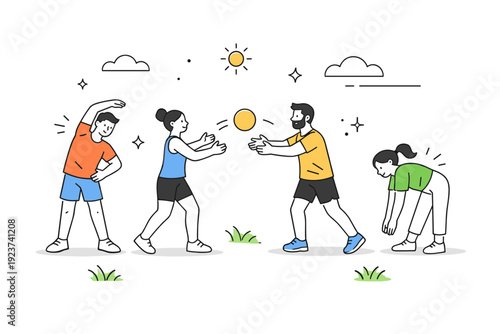 Relaxed outdoor sports play. People moving freely, stretching or passing a ball under open summer sky. Informal activity with a calm, happy