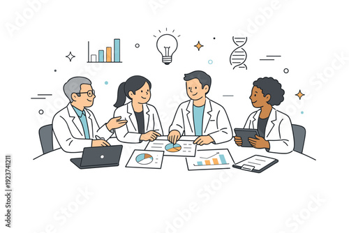 Collaborative Scientific Dialogue. Medical research collaboration. Researchers in lab coats calmly discussing data around a table with charts and documents.